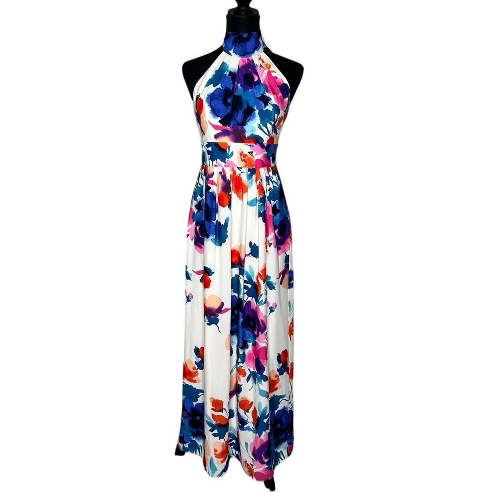 Eliza J Women Floral Halter Maxi Dress Chiffon Garden Party Wedding Size 4